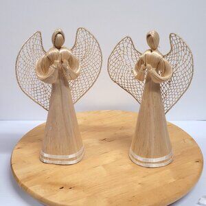 Corn Husk Straw Praying Angels Set 2 Figurines Religious Table Top Ornaments 10"